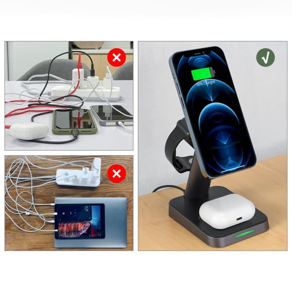 3-i-1 Qi-lader 15W med magnetisk holder for iPhone Apple Watch og AirPods svart