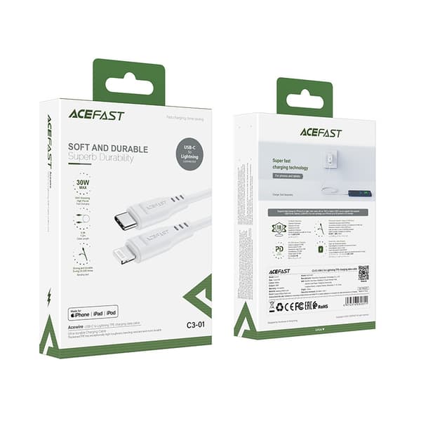 Kabelkabel till iPhone MFI USB-C - Lightning 30W 3A 1,2m vit
