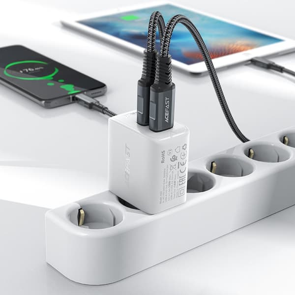 GaN nettverkslader 2x USB 18W QC 3.0 AFC FCP hvit