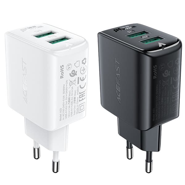 GaN nettverkslader 2x USB 18W QC 3.0 AFC FCP hvit