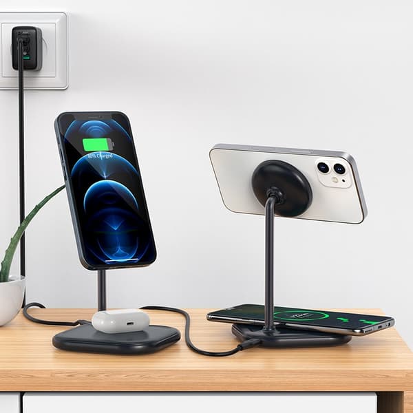 2in1 Qi 15W langaton laturi ja teline iPhonelle ja Apple AirPods E6 mustalle