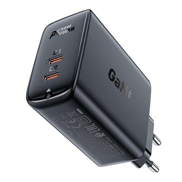 A29 GaN nettverkslader, to USB-C PD-porter, 50W, svart