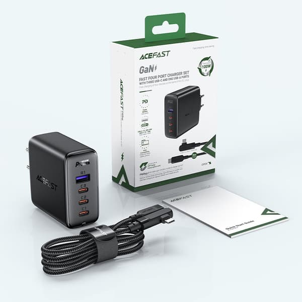 GaN rask nettverkslader 3x USB-C 1x USB-A + vinklet USB-C-kabel 100W 2m svart