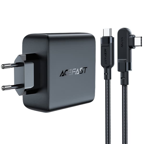 GaN rask nettverkslader 3x USB-C 1x USB-A + vinklet USB-C-kabel 100W 2m svart