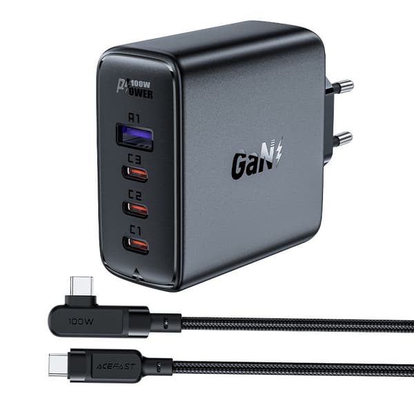 GaN rask nettverkslader 3x USB-C 1x USB-A + vinklet USB-C-kabel 100W 2m svart