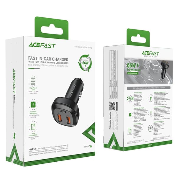 Biloplader 2x USB 1x USB-C 66W Strømforsyning QC 4.0 sort