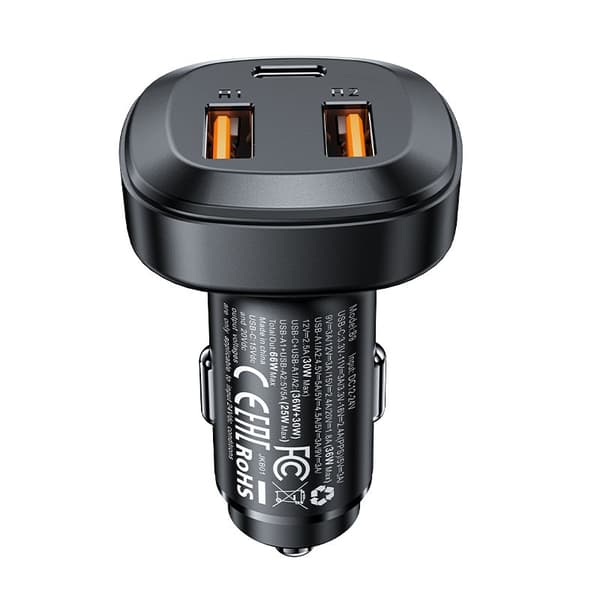Biloplader 2x USB 1x USB-C 66W Strømforsyning QC 4.0 sort
