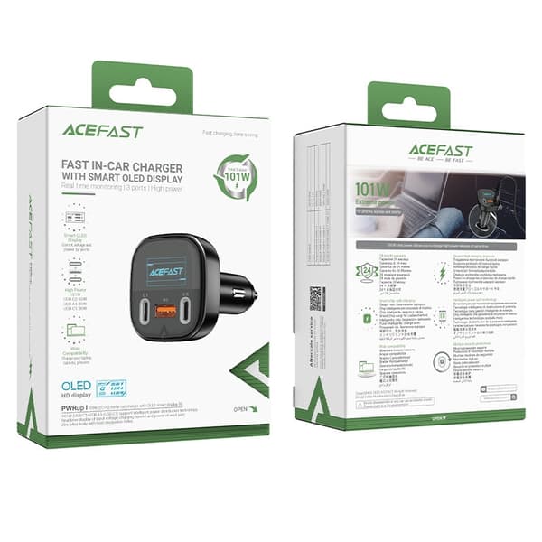 Billader med display 2x USB-C 1x USB 101W Strømforsyning QC 4.0 svart