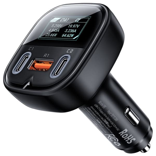 Billader med display 2x USB-C 1x USB 101W Strømforsyning QC 4.0 svart