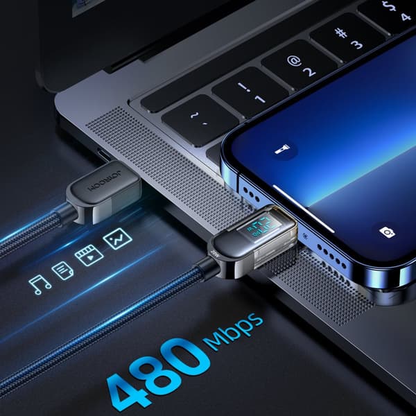 iPhone USB-C - Lightning kabel med display 20W 1,2 m sort