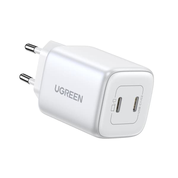 Hurtig GaN oplader 2x USB-C 45W QC PD hvid