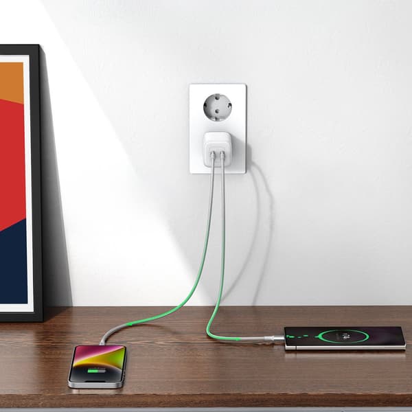 Hurtig GaN oplader 2x USB-C 45W QC PD hvid