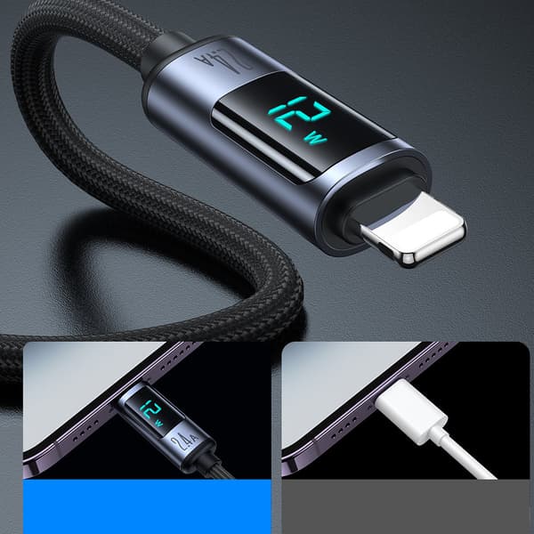 Kabel för iPhone med LED Lightning-display - USB-A 2,4A 1,2m svart