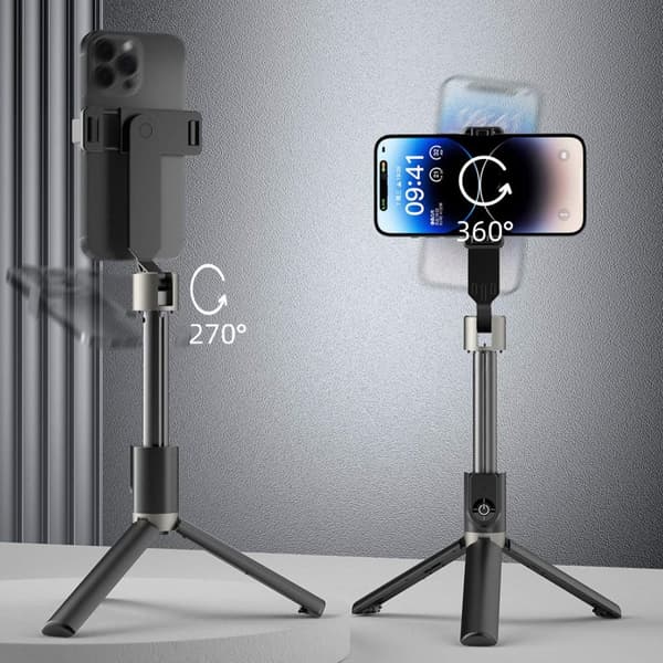 Selfie stick, teleskopisk selfie stick med stativ og BT F18W fjernbetjening, sort