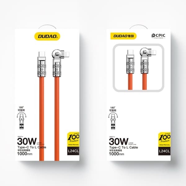 Stærkt vinklet kabel til iPhone USB-C - Lightning 30W 1m 180 rotation orange