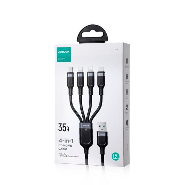 4-i-1 kabel USB-A - USB-C 2x iPhone Lightning microUSB 1,2m sort