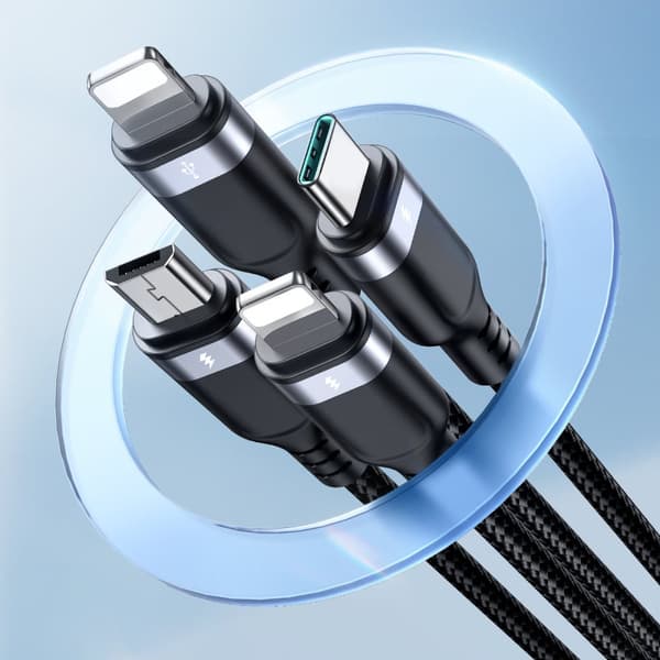 4-i-1 kabel USB-A - USB-C 2x iPhone Lightning microUSB 1,2m sort