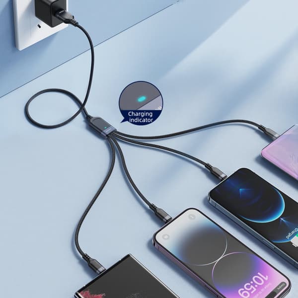 4-i-1 kabel USB-A - USB-C 2x iPhone Lightning microUSB 1,2m sort
