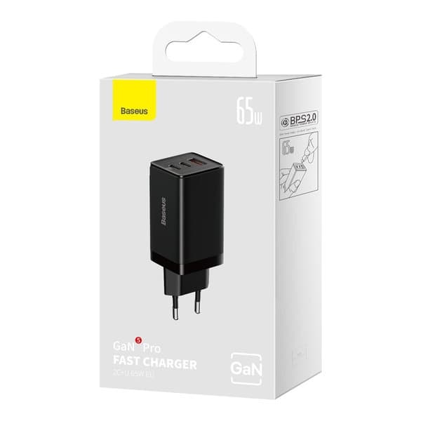 GaN 2x USB-C USB 65W rask nettverkslader + USB-C-kabel, svart
