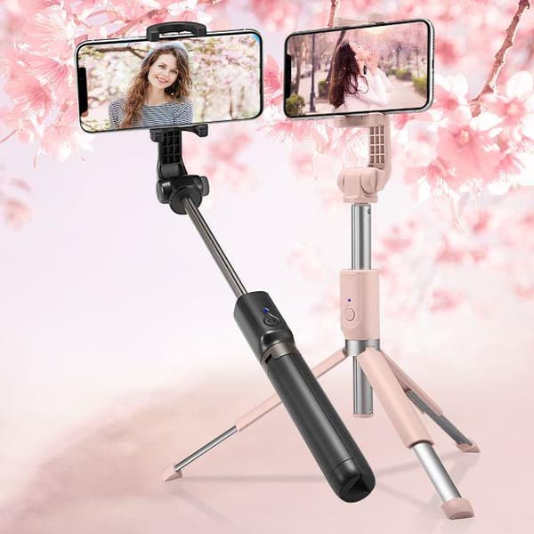 2in1 Telescopic Selfie Stick med fjärrkontroll och stativ, svart telefonställ