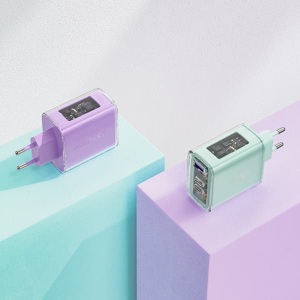 GaN 65W netværksoplader 3 porte 1x USB 2x USB-C lilla