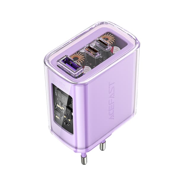 GaN 65W netværksoplader 3 porte 1x USB 2x USB-C lilla
