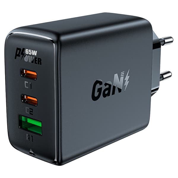 Hurtig GaN oplader 2x USB-C USB-A PPS PD QC4+ 65W sort