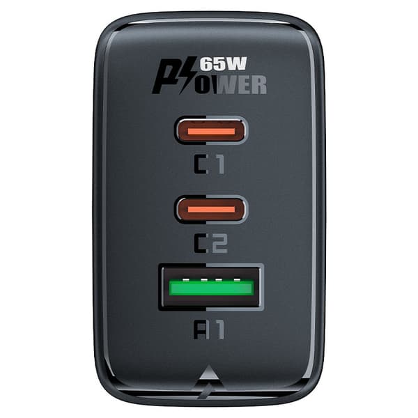 Hurtig GaN oplader 2x USB-C USB-A PPS PD QC4+ 65W sort