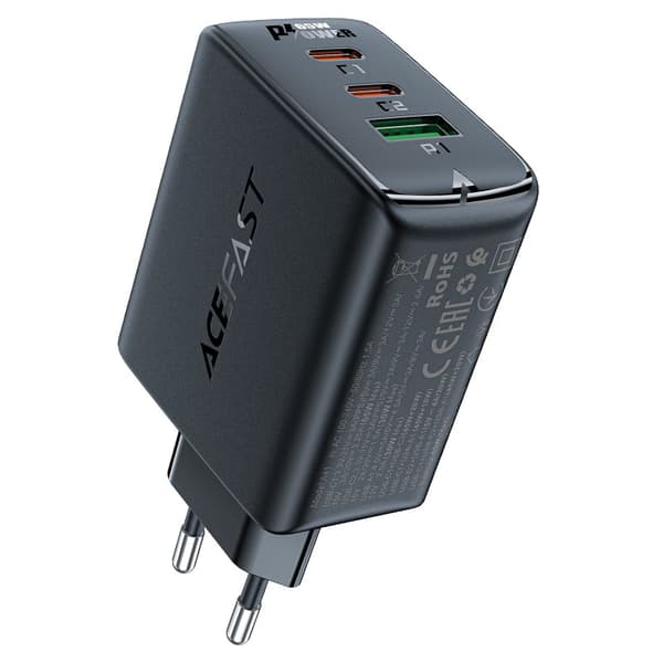 Hurtig GaN oplader 2x USB-C USB-A PPS PD QC4+ 65W sort