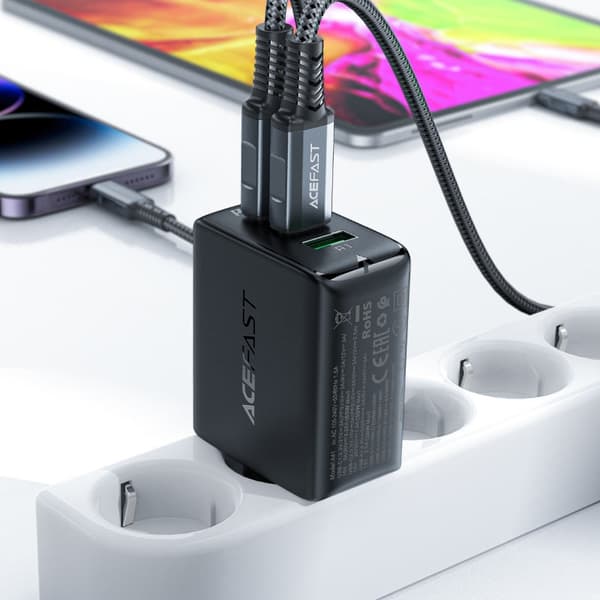 Hurtig GaN oplader 2x USB-C USB-A PPS PD QC4+ 65W hvid