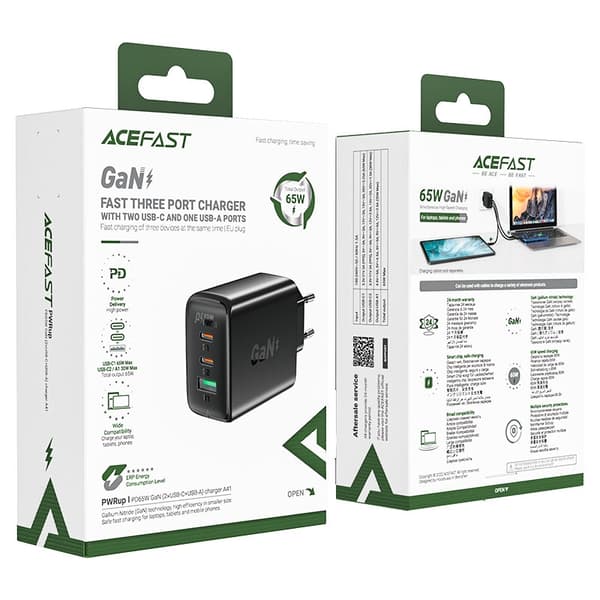 Hurtig GaN oplader 2x USB-C USB-A PPS PD QC4+ 65W hvid