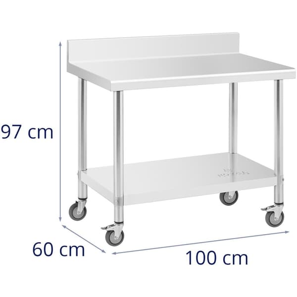 Bord, væghængt bordplade med kant på hjul, 1 hylde 100 x 60 cm, op til 155 kg