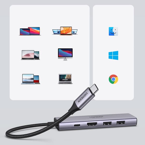 6-i-1 multifunktionell USB-C HUB - 2x USB HDMI 4K SD- och TF-kortläsare USB-C PD 100W grå