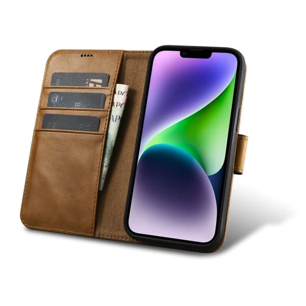2-i-1 læder Flip Cover iPhone 14 Anti-RFID olievoks pung etui lysebrun