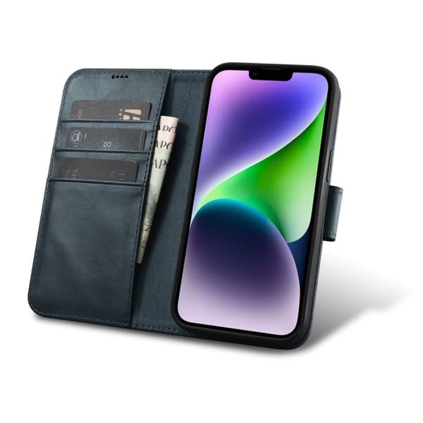 2-i-1 læder Flip Cover iPhone 14 Anti-RFID olievoks pung etui Blå