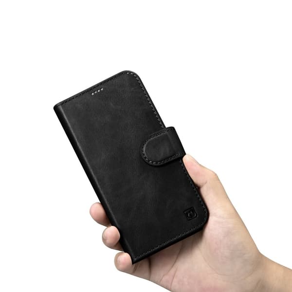 2-i-1 læder Flip Cover iPhone 14 Anti-RFID Oil Wax Wallet Cover Sort