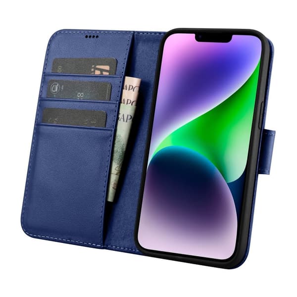 2-i-1 læder Flip Cover iPhone 14 Plus Anti-RFID pung etui Blå