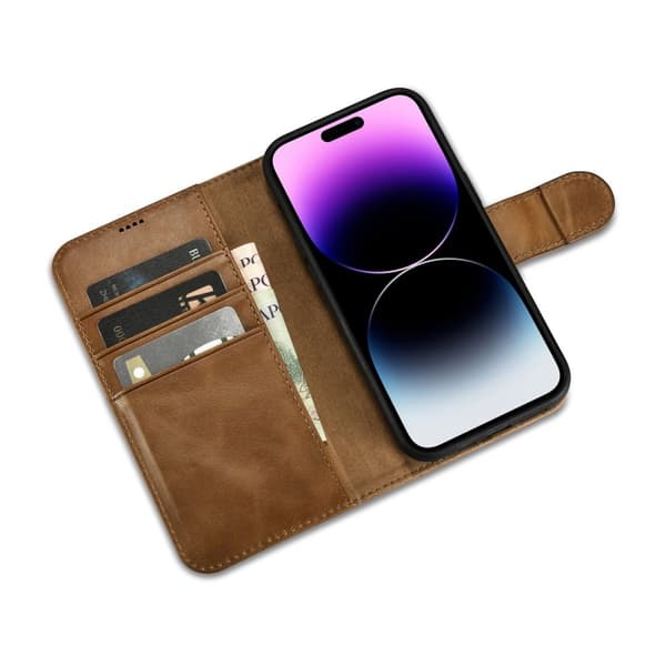 2-i-1 Leather Flip Cover iPhone 14 Pro Anti-RFID oljevoks lommebokveske lysebrun