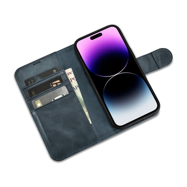 2-i-1 læder Flip Cover iPhone 14 Pro Anti-RFID olievoks pung etui Blå