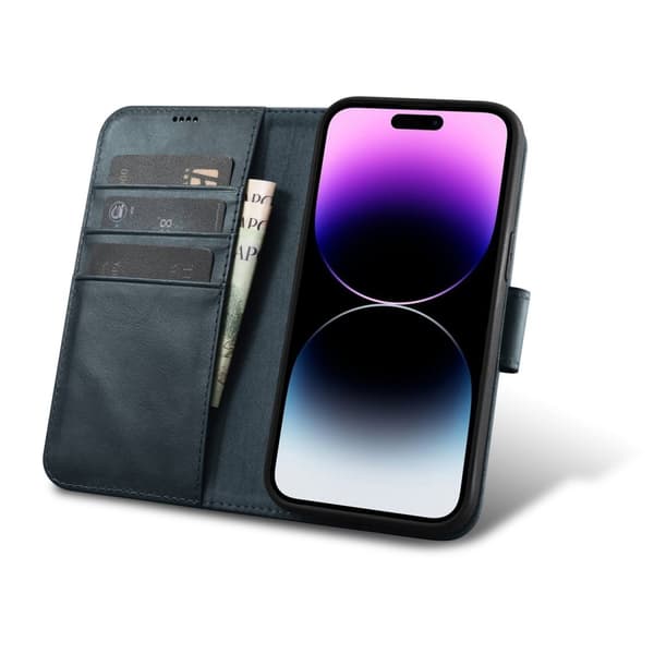 2-i-1 læder Flip Cover iPhone 14 Pro Anti-RFID olievoks pung etui Blå