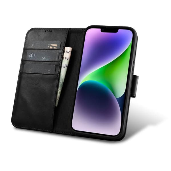 2-i-1 læder Flip Cover iPhone 14 Plus Anti-RFID Oil Wax Pung etui Sort