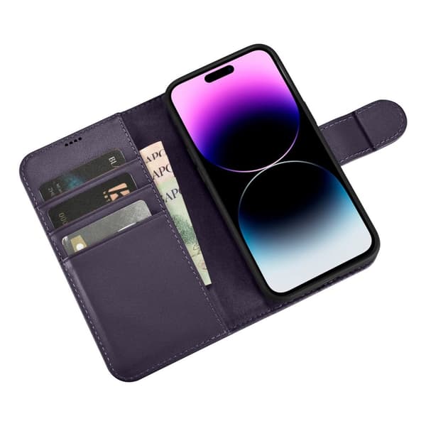 2-i-1 læder Flip Cover iPhone 14 Pro Anti-RFID pung etui Mørk lilla