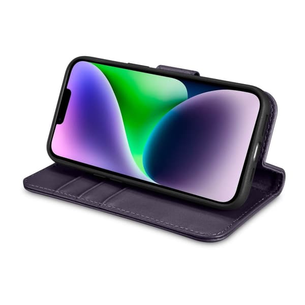2-i-1 læder Flip Cover iPhone 14 Plus Anti-RFID pung etui Mørk lilla