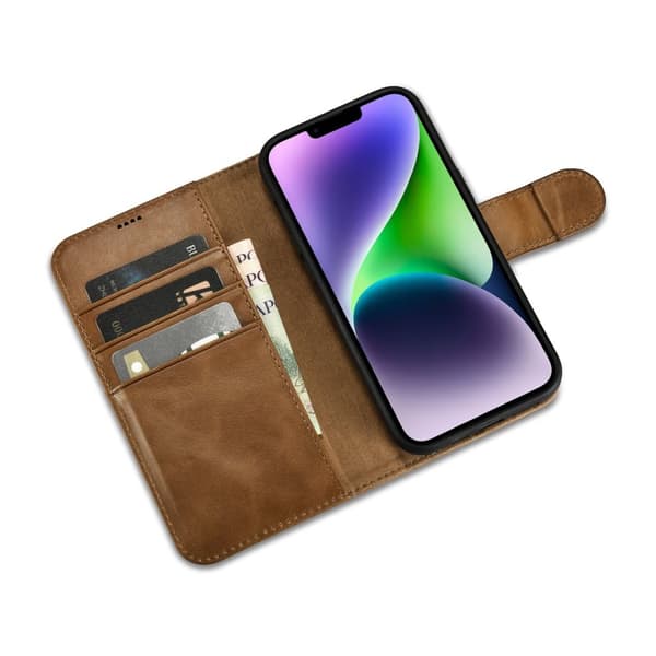 2in1 nahkainen läppäkuori iPhone 14 Plus Anti-RFID Oil Wax Lompakkokotelo vaaleanruskea