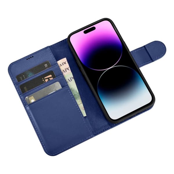 2-i-1 læder Flip Cover iPhone 14 Pro Anti-RFID pung etui Blå