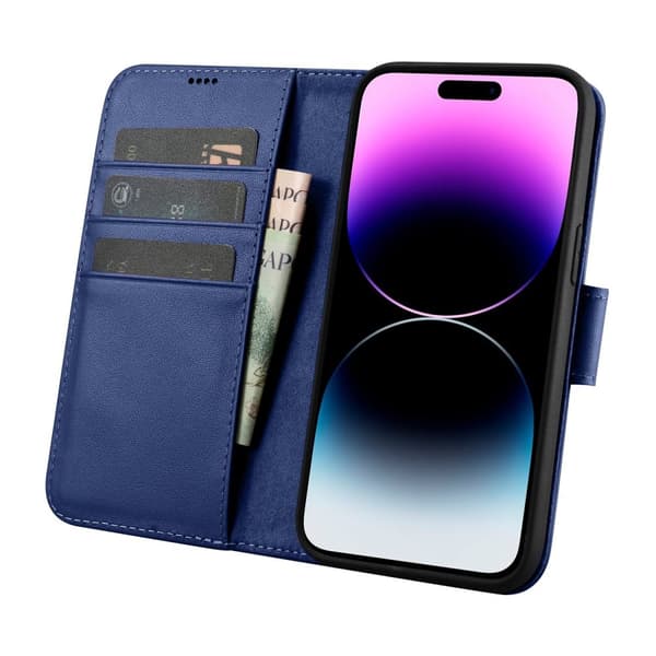 2-i-1 læder Flip Cover iPhone 14 Pro Anti-RFID pung etui Blå