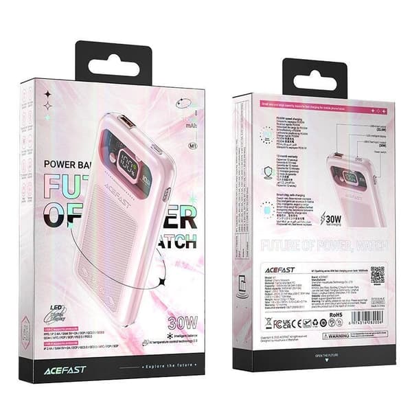 Powerbank 10000mAh Sparkling Series hurtigladende 30W rosa