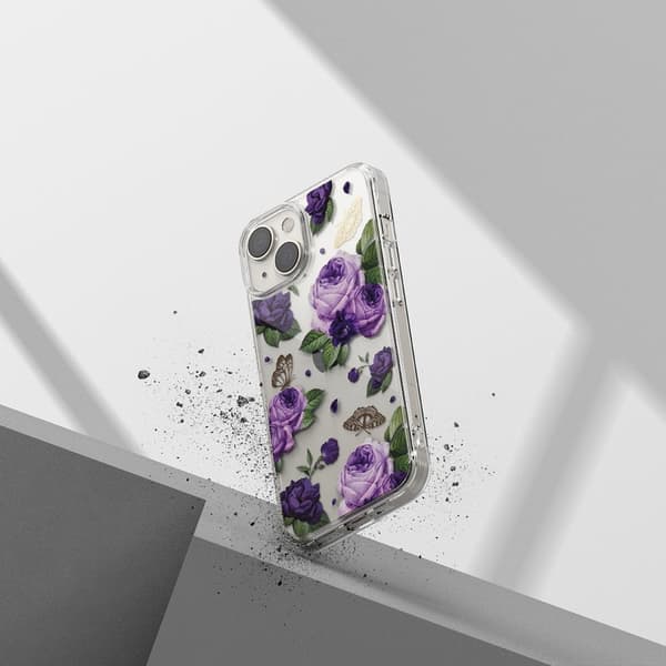 Pansret cover med gelramme iPhone 14 Plus Fusion Design Purple Rose gennemsigtig