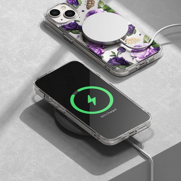 Pansret cover med gelramme iPhone 14 Plus Fusion Design Purple Rose gennemsigtig