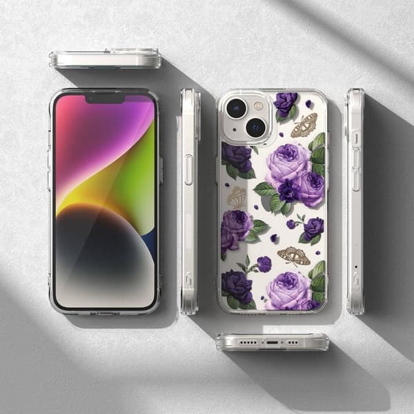 Pansret cover med gelramme iPhone 14 Plus Fusion Design Purple Rose gennemsigtig